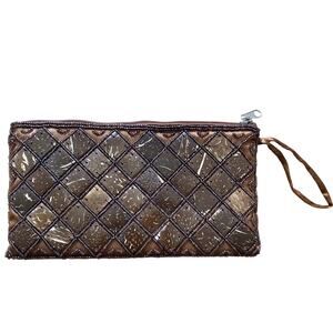 World of Good Boho Diamond Quilted Beaded Wristlet Purse Clutch Brown